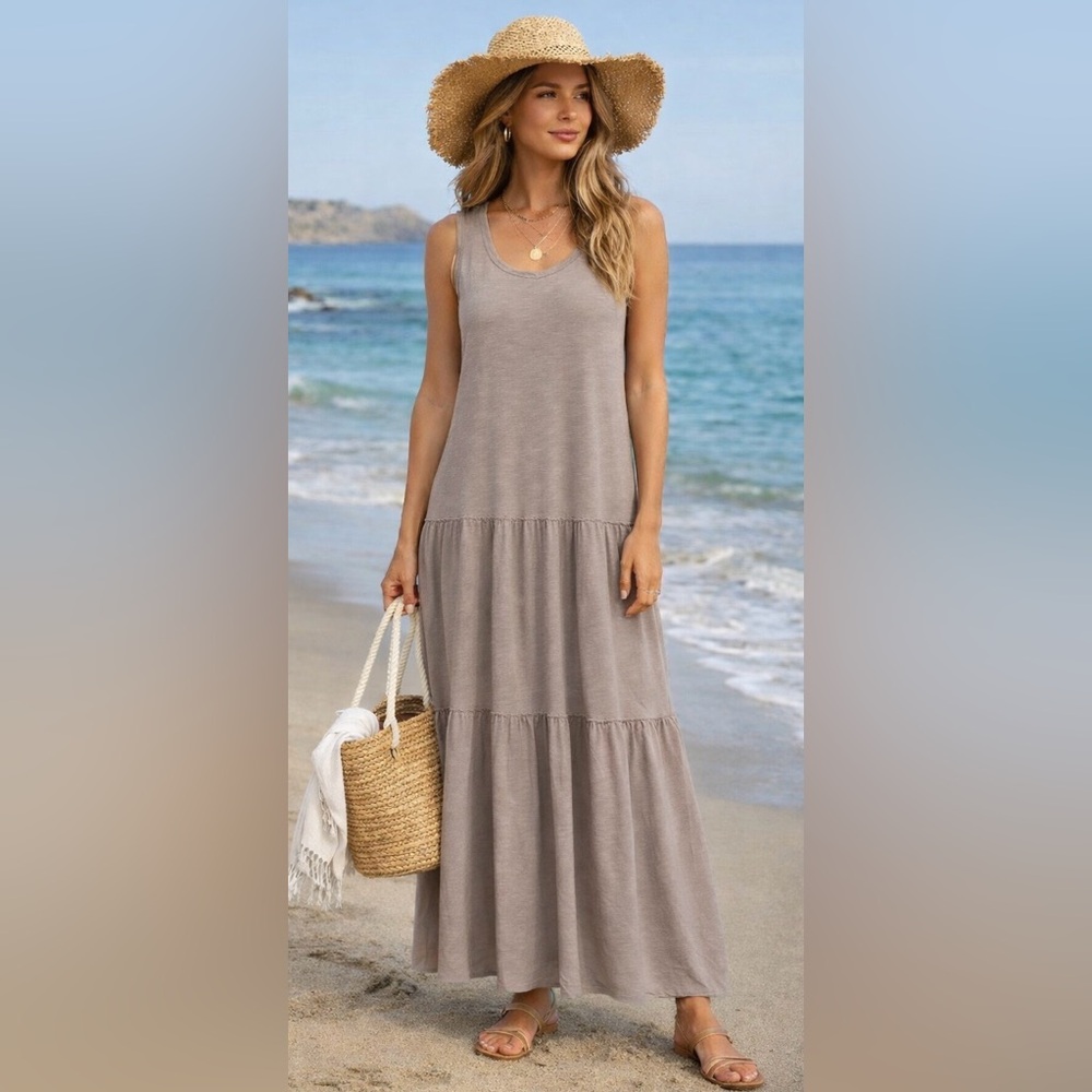 ✨ Dylan Taupe Greige Tiered Maxi Dress | Soft‎ Knit | Casual Coastal Minimalist